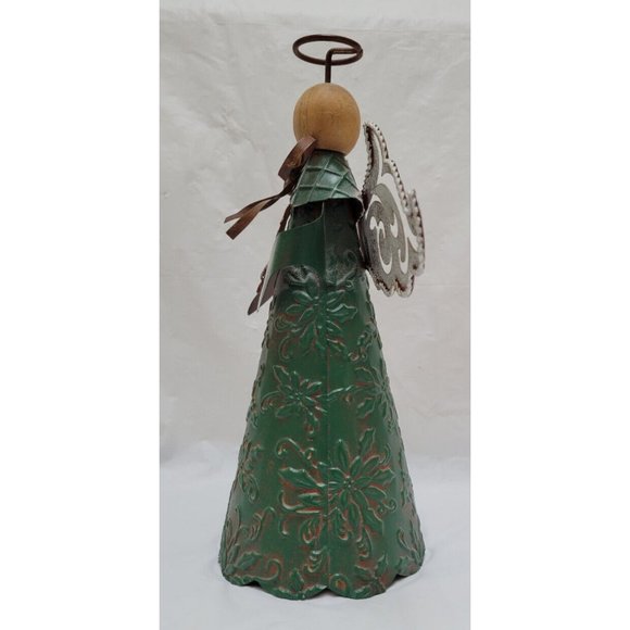 Metal Tin Angel (no face) Tree Topper Decor Wings, Instrument and Green Dress - Picture 3 of 8